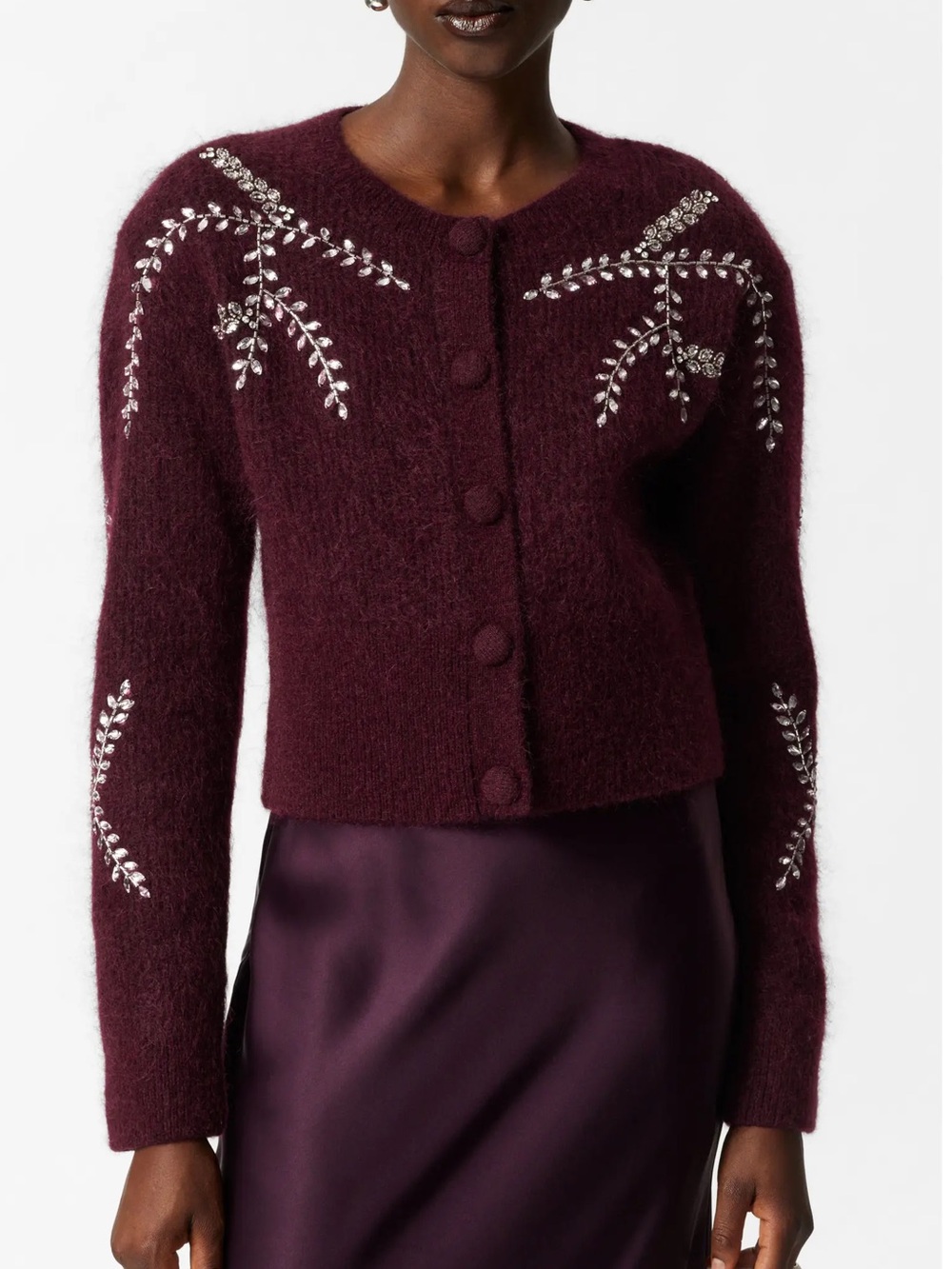 & Other Stories Wool & Mohair Blend Crystal Embroidered Cardigan Size M Burgundy
